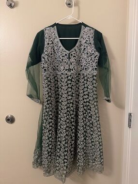 Pakistani Embellished Dark Green V-Neck Anarkali Dress